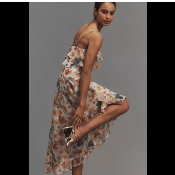 NWT ANTHROPOLOGIE ASYMMETRICAL HEM FLORAL WATER COLOR SPAGHETTI STRAP DRESS XS - Picture 3 of 16